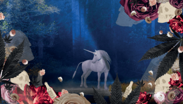 Unicorn in spotlight surrounded by roses and cannabis leaves